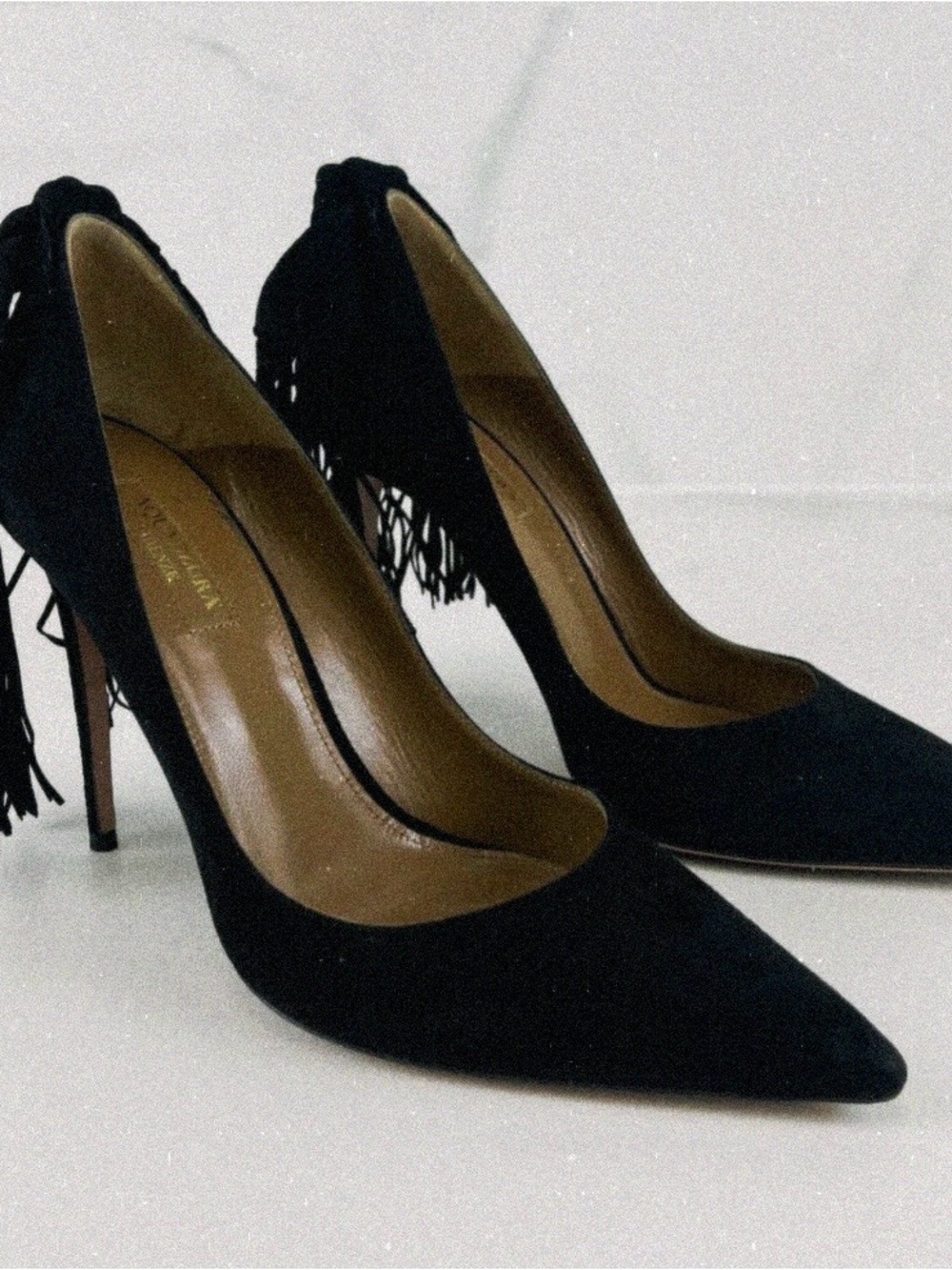 Aquazzura Black Fringe Suede Pointed Toe Heels